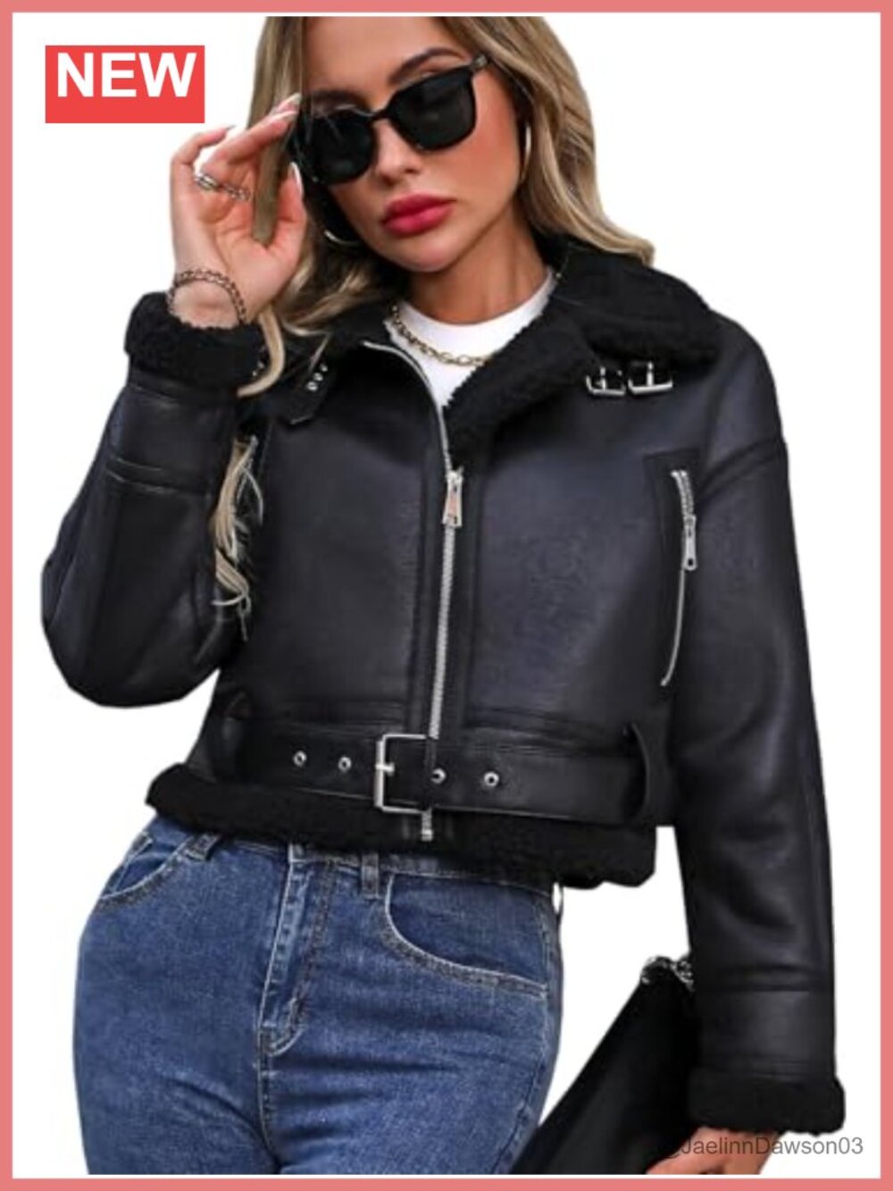 Women Faux Lamb Fur Leather Jacket Cropped Bomber Aviator Coat Warm Zip